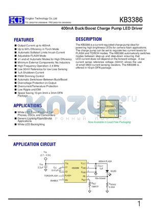 KB3386 datasheet - 400mA Buck/Boost Charge Pump LED Driver