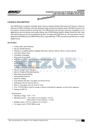 EM91850 datasheet - TONE/PULSE DIALER WITH HF, HD, REDIAL AND VOLUME CONTROL FUNCTION