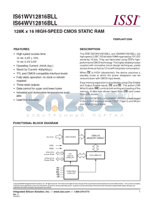 IS61WV12816BLL-12BI datasheet - 128K x 16 HIGH-SPEED CMOS STATIC RAM