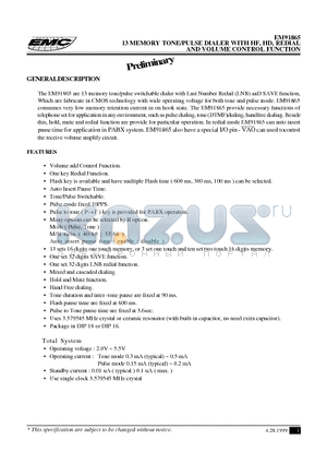 EM91865 datasheet - 13 MEMORY TONE/PULSE DIALER WITH HF, HD, REDIAL AND VOLUME CONTROL FUNCTION