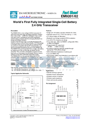EM9201 datasheet - Worlds First Fully Integrated Single-Cell Battery 2.4 GHz Transceiver
