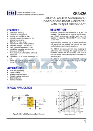 KB3436 datasheet - 600mA, 650kHz Micropower Synchronous Boost Converter with Output Disconnect