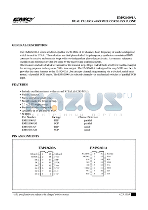 EM92600AP datasheet - DUAL PLL FOR 46/49 MHZ CORDLESS PHONE