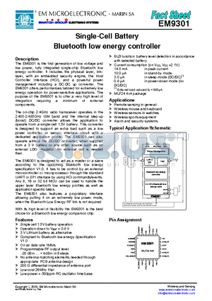 EM9301 datasheet - Single-Cell Battery Bluetooth low energy controller