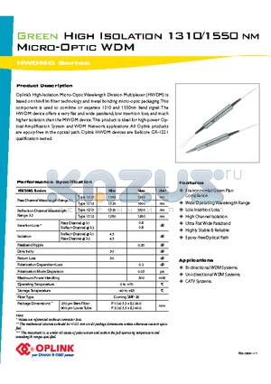 HWDMG131500221 datasheet - Green High Isolation 1310/1550 nm Micro-Optic WDM