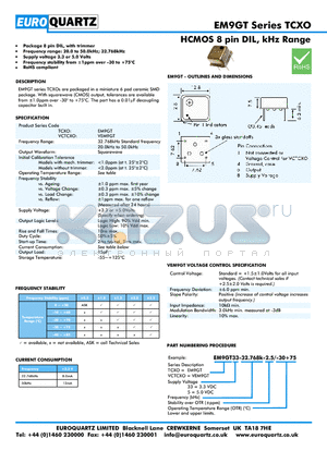 EM9GT33-32.768-2.5-30 datasheet - HCMOS 8 pin DIL, kHz Range