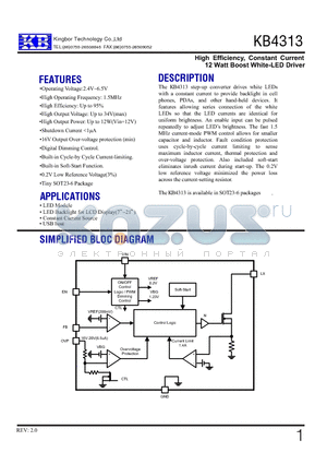 KB4313GRE datasheet - High Efficiency, Constant Current 12 Watt Boost White-LED Driver