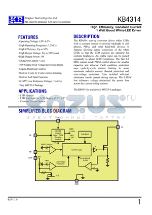 KB4314GRE datasheet - High Efficiency, Constant Current 1 Watt Boost White-LED Driver