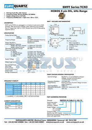 EM9T33-32.768-2.5-30 datasheet - HCMOS 8 pin DIL, kHz Range