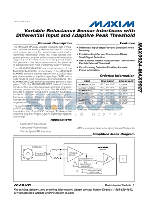 MAX9924 datasheet - Variable Reluctance Sensor Interfaces with Differential Input and Adaptive Peak Threshold