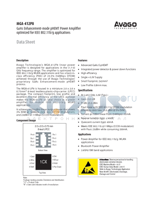 MGA-412P8-BLKG datasheet - GaAs Enhancement-mode pHEMT Power Amplifier optimized for IEEE 802.11b/g applications