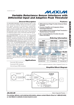 MAX9925AUB datasheet - Variable Reluctance Sensor Interfaces with Differential Input and Adaptive Peak Threshold