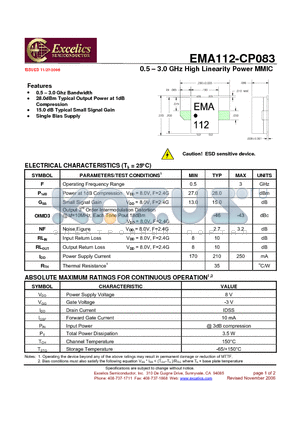 EMA112-CP083 datasheet - 0.5 - 3.0 GHz High Linearity Power MMIC