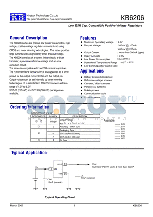 KB6206P302PE datasheet - Low ESR Cap. Compatible Positive Voltage Regulators