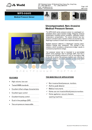 MPS-500G datasheet - Uncompensated, Non-Invasive Medical Pressure Sensor.