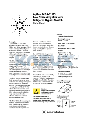 MGA-71543-TR2G datasheet - Low Noise Amplifier with Mitigated Bypass Switch