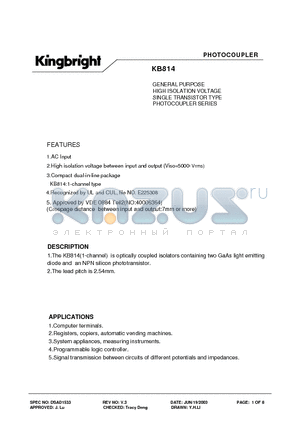 KB814AB datasheet - GENERAL PURPOSE HIGH ISOLATION VOLTAGE SINGLE TRANSISTOR TYPE PHOTOCOUPLER SERIES