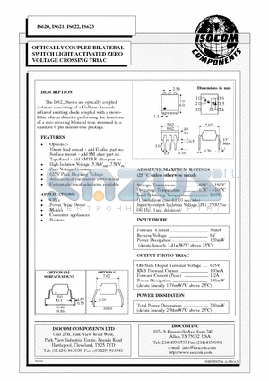 IS621 datasheet - OPTICALLY COUPLED BILATERAL SWITCH LIGHT ACTIVATED ZERO VOLTAGE CROSSING TRIAC