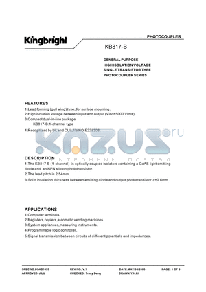 KB817AD-B datasheet - GENERAL PURPOSE HIGH ISOLATION VOLTAGE SINGLE TRANSISTOR TYPE PHOTOCOUPLER SERIES