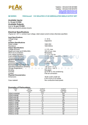 PZ5CU-0505E datasheet - PZ5CUxxxxE 1 KV ISOLATED 0.75 W UNREGULATED SINGLE OUTPUT SIP7