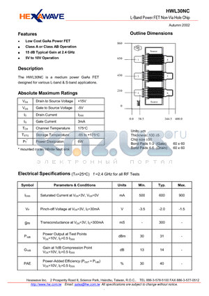 HWL30NC datasheet - L-Band Power FET Non-Via Hole Chip