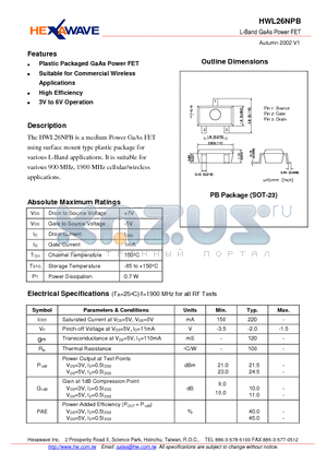 HWL26NPB datasheet - L-Band GaAs Power FET