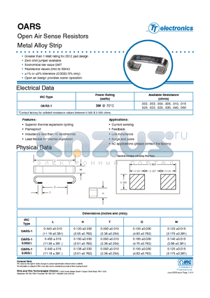 OARS1R005FLF datasheet - Open Air Sense Resistors Metal Alloy Strip