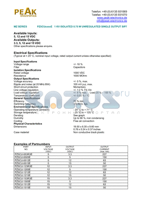 PZ5CU-1505E datasheet - PZ5CUxxxxE 1 KV ISOLATED 0.75 W UNREGULATED SINGLE OUTPUT SIP7
