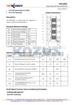 HWL34NC datasheet - L-Band Power FET Non-Via Hole Chip