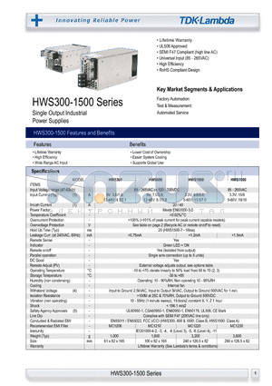 HWS1000 datasheet - Single Output Industrial Power Supplies