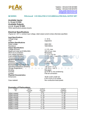 PZ5LU-0515Z datasheet - PZ5LUxxxxZ 3 KV ISOLATED 0.75 W UNREGULATED DUAL OUTPUT SIP7