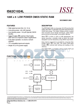 IS62C1024L-70QI datasheet - 128K x 8 LOW POWER CMOS STATIC RAM