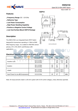 HWS2152 datasheet - GaAs DC-2.0 GHz SPDT Switch