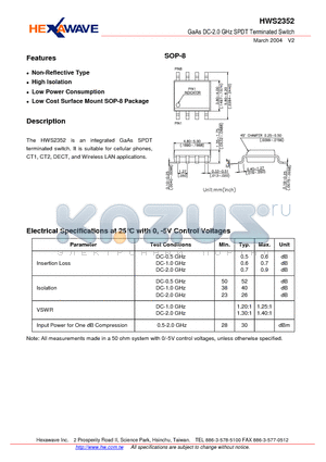 HWS2352 datasheet - GaAs DC-2.0 GHz SPDT Terminated Switch