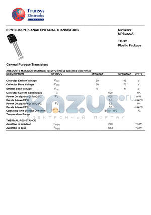 MPS2222A datasheet - NPN SILICON PLANAR EPITAXIAL TRANSISTORS