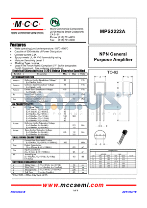 MPS2222A datasheet - NPN General Purpose Amplifier