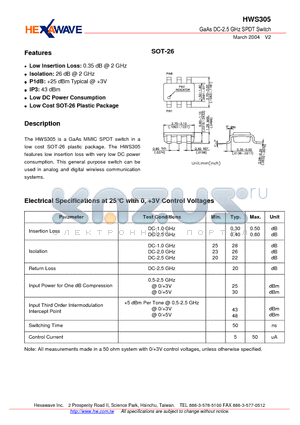 HWS305 datasheet - GaAs DC-2.5 GHz SPDT Switch