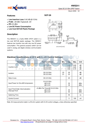 HWS311 datasheet - GaAs DC-2.5 GHz SPDT Switch