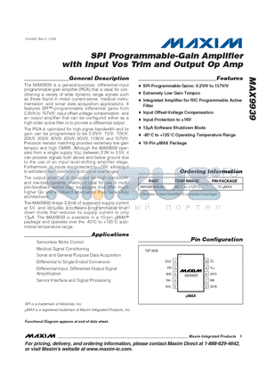 MAX9939 datasheet - SPI Programmable-Gain Amplifier with Input Vos Trim and Output Op Amp