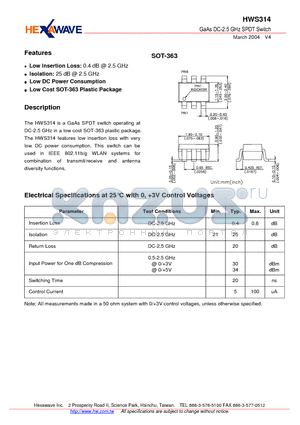 HWS314 datasheet - GaAs DC-2.5 GHz SPDT Switch