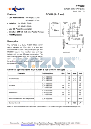 HWS382 datasheet - GaAs DC-6 GHz SPDT Switch