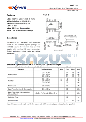 HWS332 datasheet - GaAs DC-2.5 GHz SPDT Terminated Switch