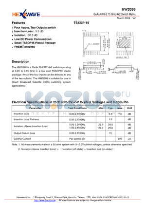 HWS388 datasheet - GaAs 0.95-2.15 GHz 4x2 Switch Matrix