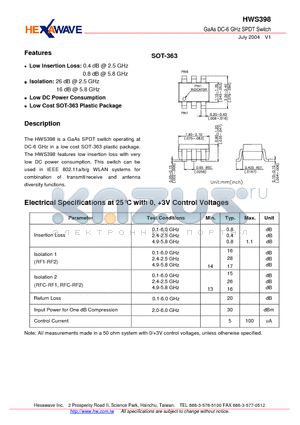 HWS398 datasheet - GaAs DC-6 GHz SPDT Switch