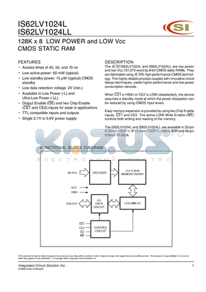 IS62LV1024L-45BI datasheet - 128K x 8 LOW POWER AND LOW Vcc