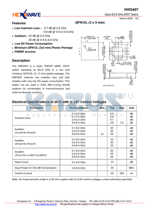 HWS407 datasheet - GaAs DC-6 GHz DPDT Switch