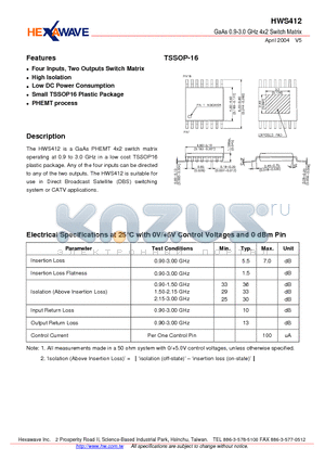 HWS412 datasheet - GaAs 0.9-3.0 GHz 4x2 Switch Matrix
