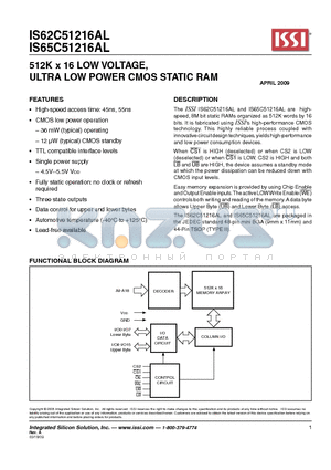 IS62C51216AL datasheet - 512K x 16 LOW VOLTAGE, ULTRA LOW POWER CMOS STATIC RAM