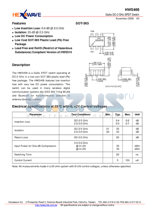 HWS408 datasheet - GaAs DC-3 GHz SPDT Switch