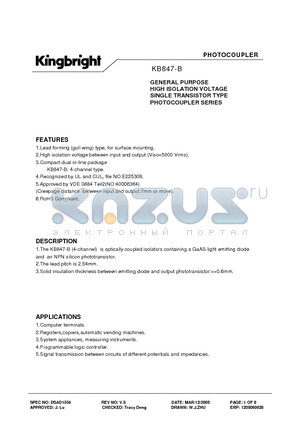 KB847-B datasheet - GENERAL PURPOSE HIGH ISOLATION VOLTAGE SINGLE TRANSISTOR TYPE PHOTOCOUPLER SERIES